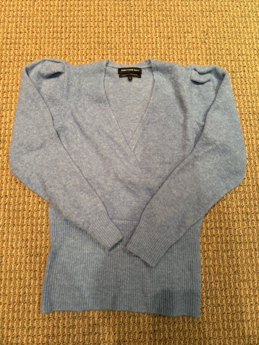 Something Navy Light Blue V-Neck Puff Sleeve Sweater